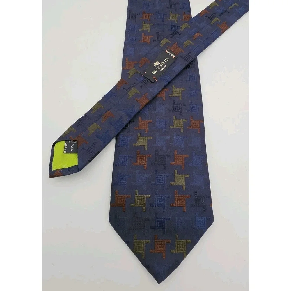ETRO Blue Silk Tie. Geometric Pattern. Made In Italy. Ex Con